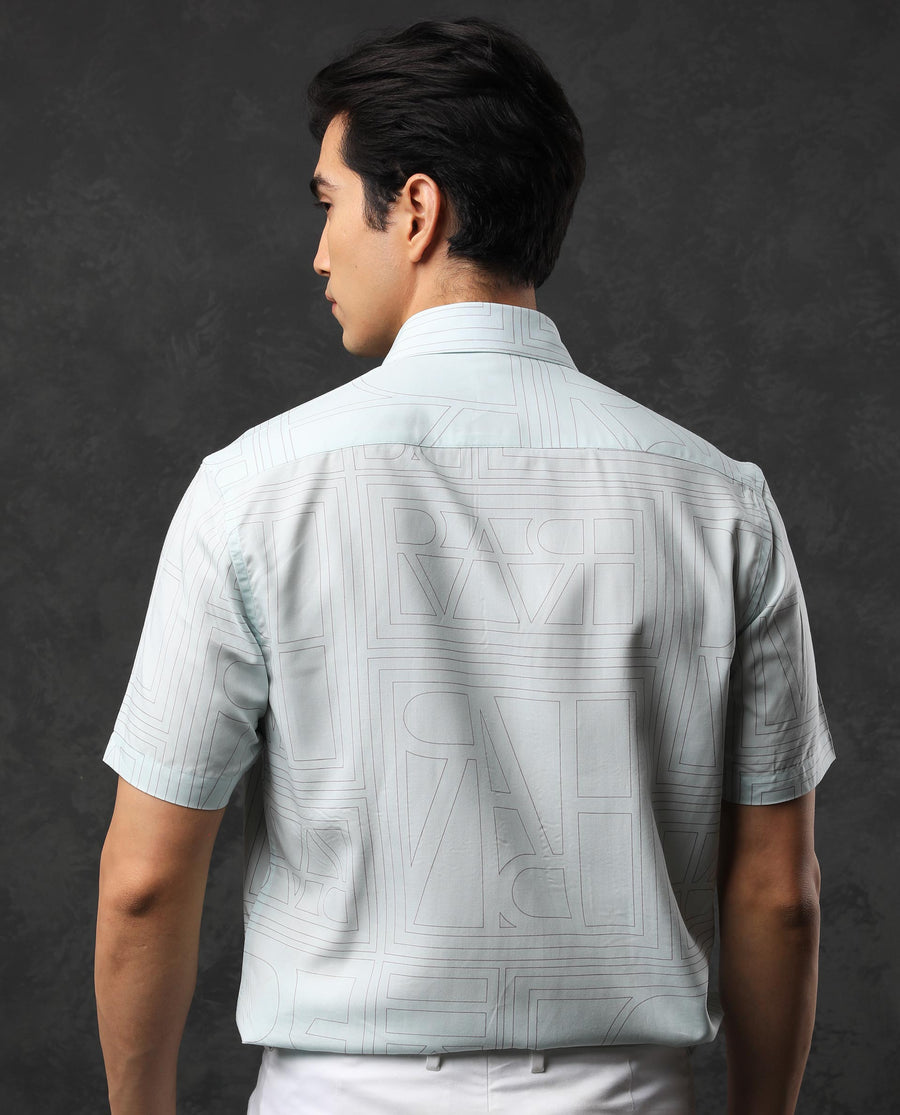 Rare Rabbit Men's Malfor Ss Pastel Turq Viscose Statement Print Regular Fit Half Sleeve Collared Shirt