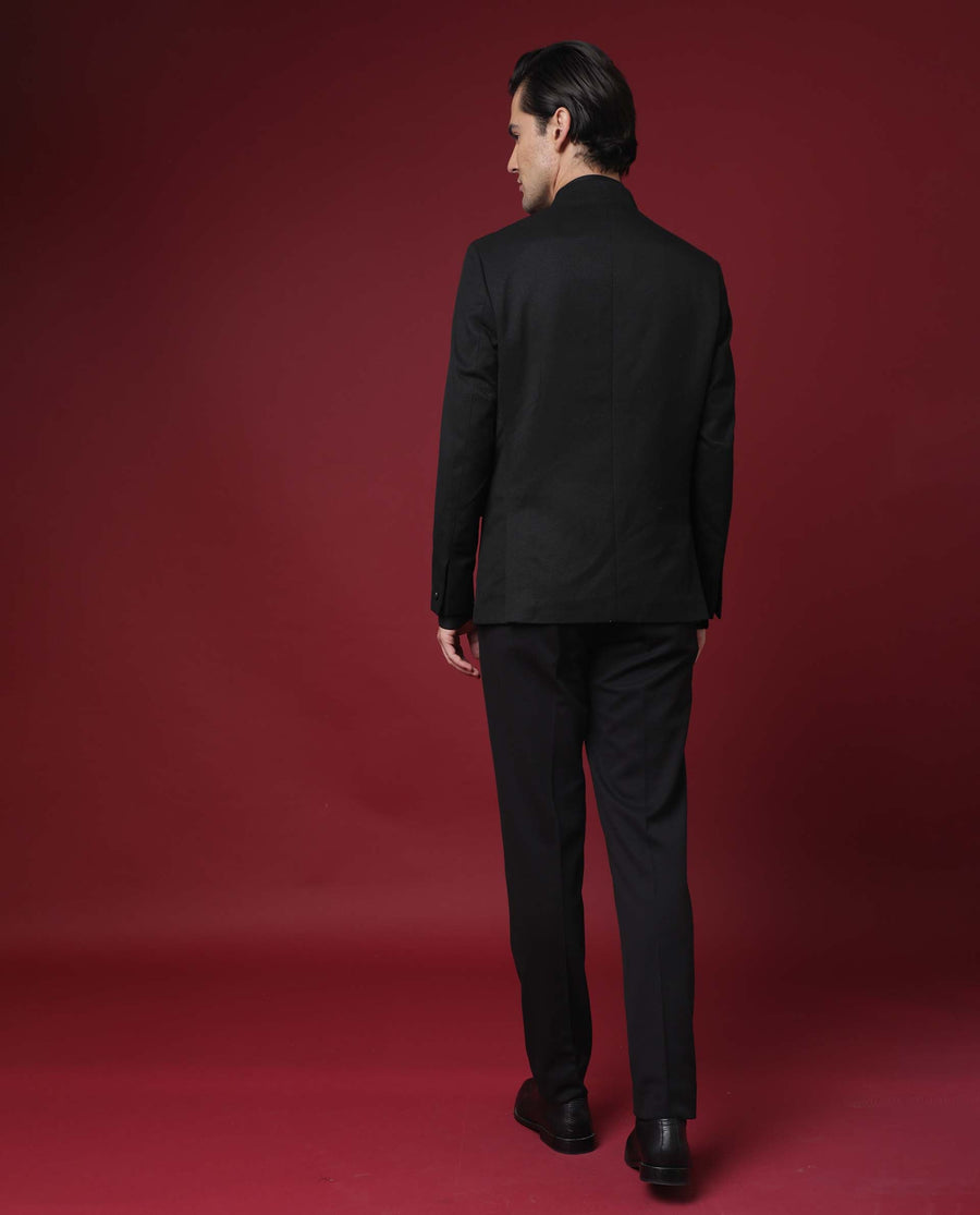 Rare Rabbit Men's Edit Band Black Polyester Plain Tailored Fit Full Sleeve Mandarin Collar Bandhgala Jodhpuri