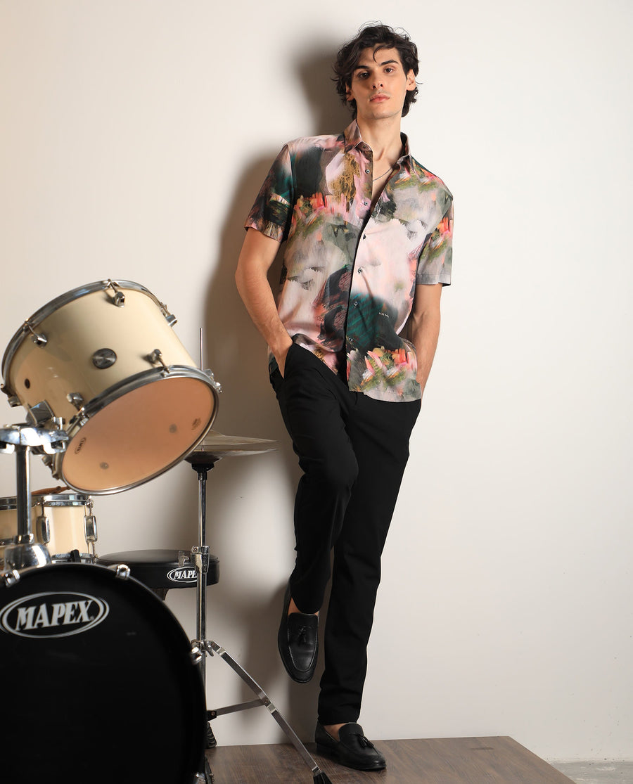 Rare Rabbit Men's Painter Green Viscose Abstract Print Regular Fit Half Sleeve Collared Shirt