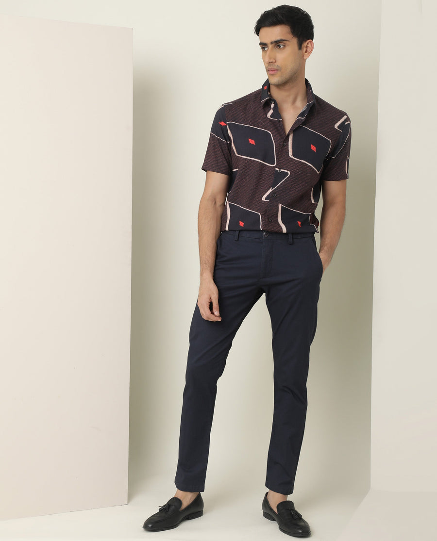 Rare Rabbit Men's Nistic Brown Viscose Geometric Print Regular Fit Half Sleeve Collared Shirt