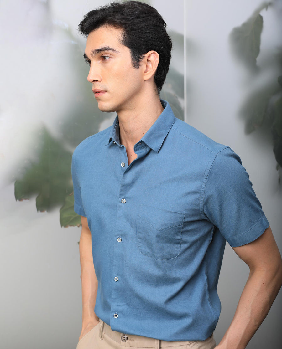 Rare Rabbit Men's Darwin - Blue Cotton Plain Regular Fit Half Sleeve Collared Shirt