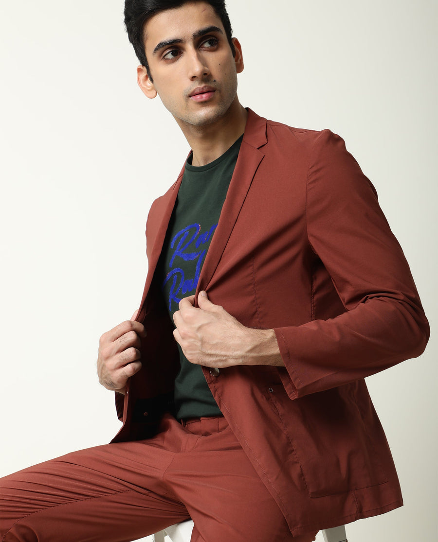 Rare Rabbit Men's Glak Rust Viscose Plain Slim Fit Trouser