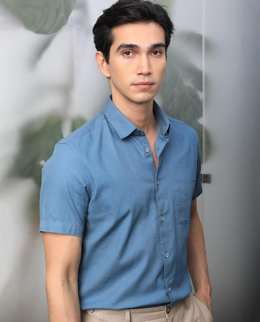 Rare Rabbit Men's Darwin - Blue Cotton Plain Regular Fit Half Sleeve Collared Shirt
