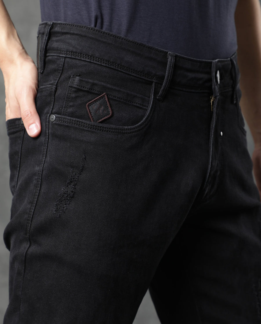 Rare Rabbit Men's Astra Black Cotton Plain Hawk Slim Fit Jeans