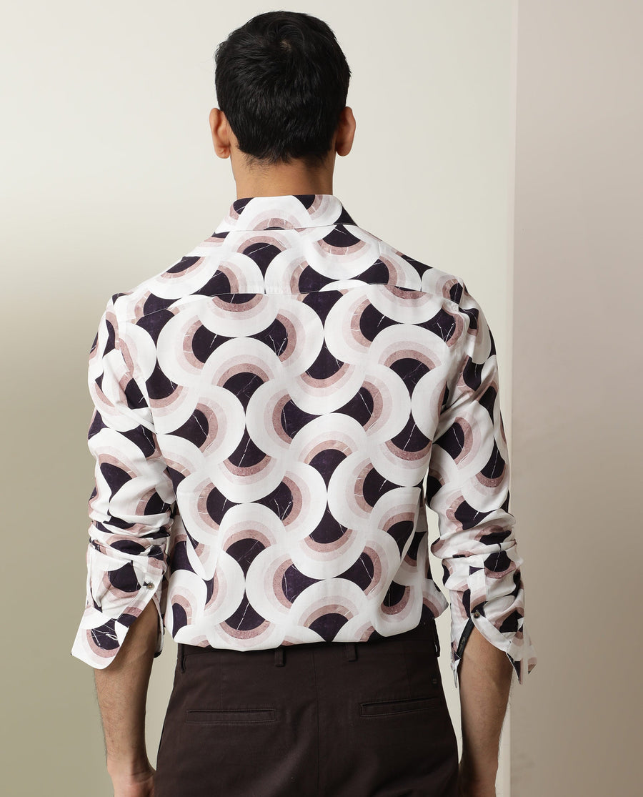 Rare Rabbit Men's Febug Off White Viscose Geometric Print Regular Fit Full Sleeve Collared Shirt