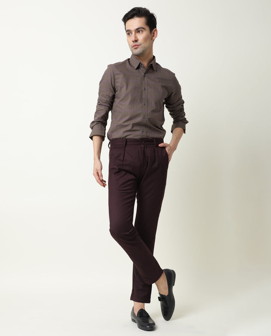 Rare Rabbit Men's Edit Maroon Polyester Plain Slim Fit Trouser