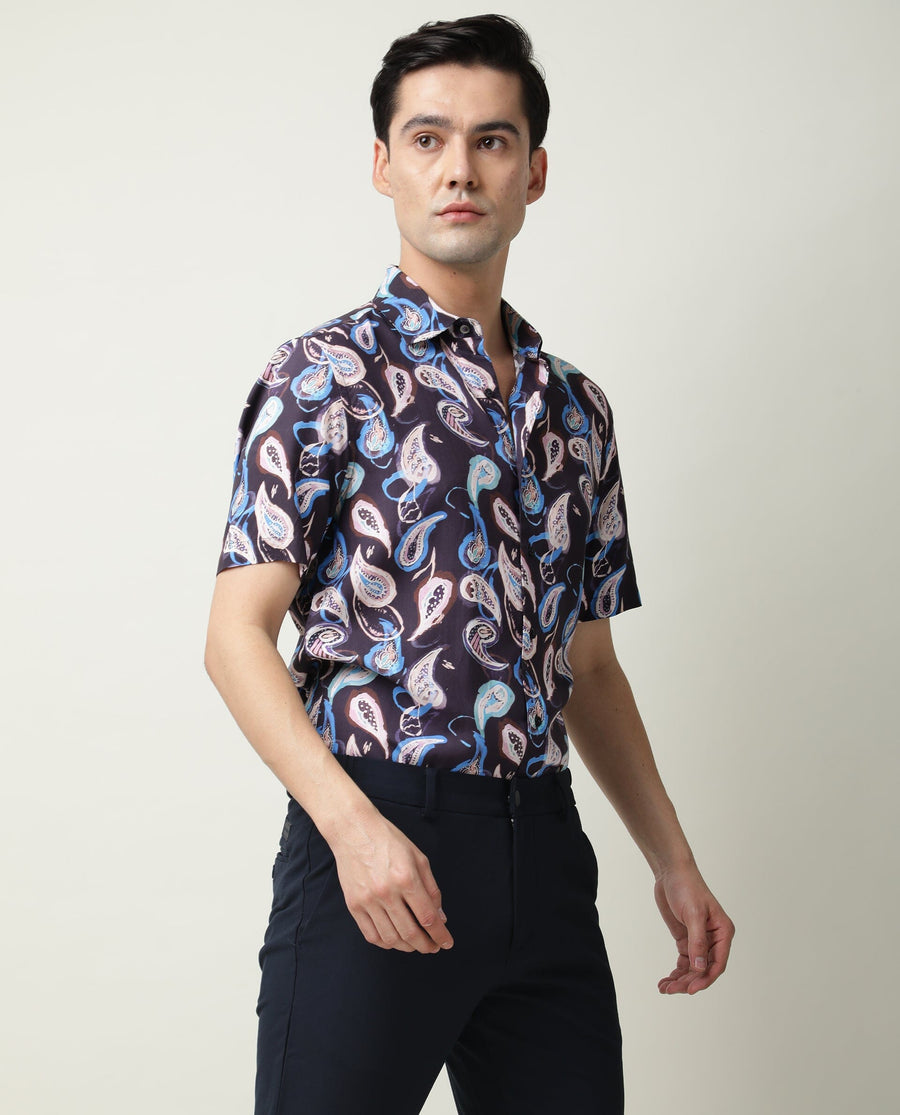 Rare Rabbit Men's Ivy Ss Navy Viscose Paisley Print Regular Fit Half Sleeve Collared Shirt