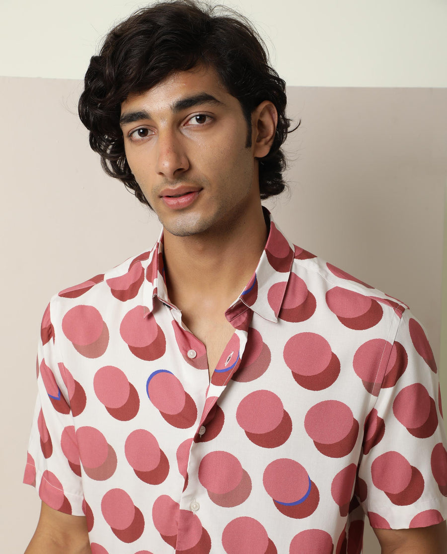 Rare Rabbit Men's Sandet Off White Viscose Polka Print Regular Fit Half Sleeve Collared Shirt