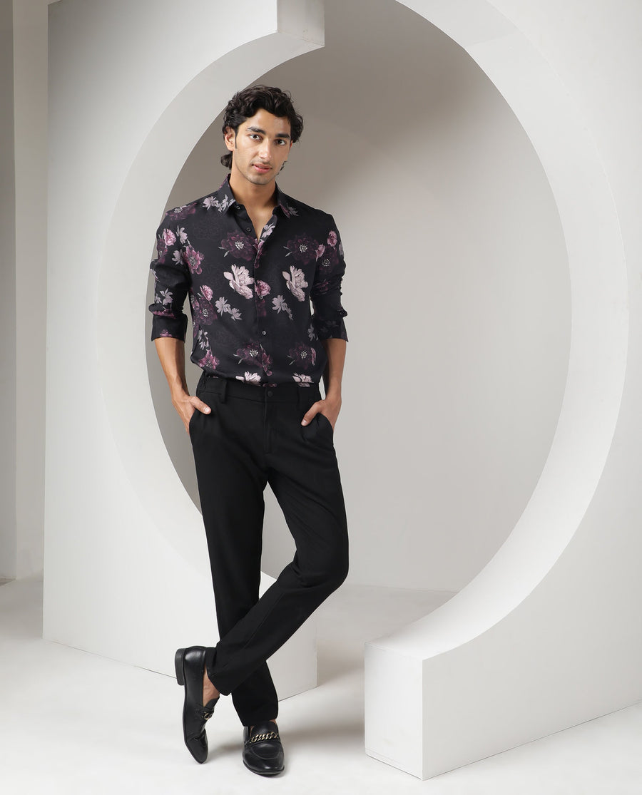 Rare Rabbit Men's Boro Purple Viscose Floral Print Regular Fit Full Sleeve Collared Shirt