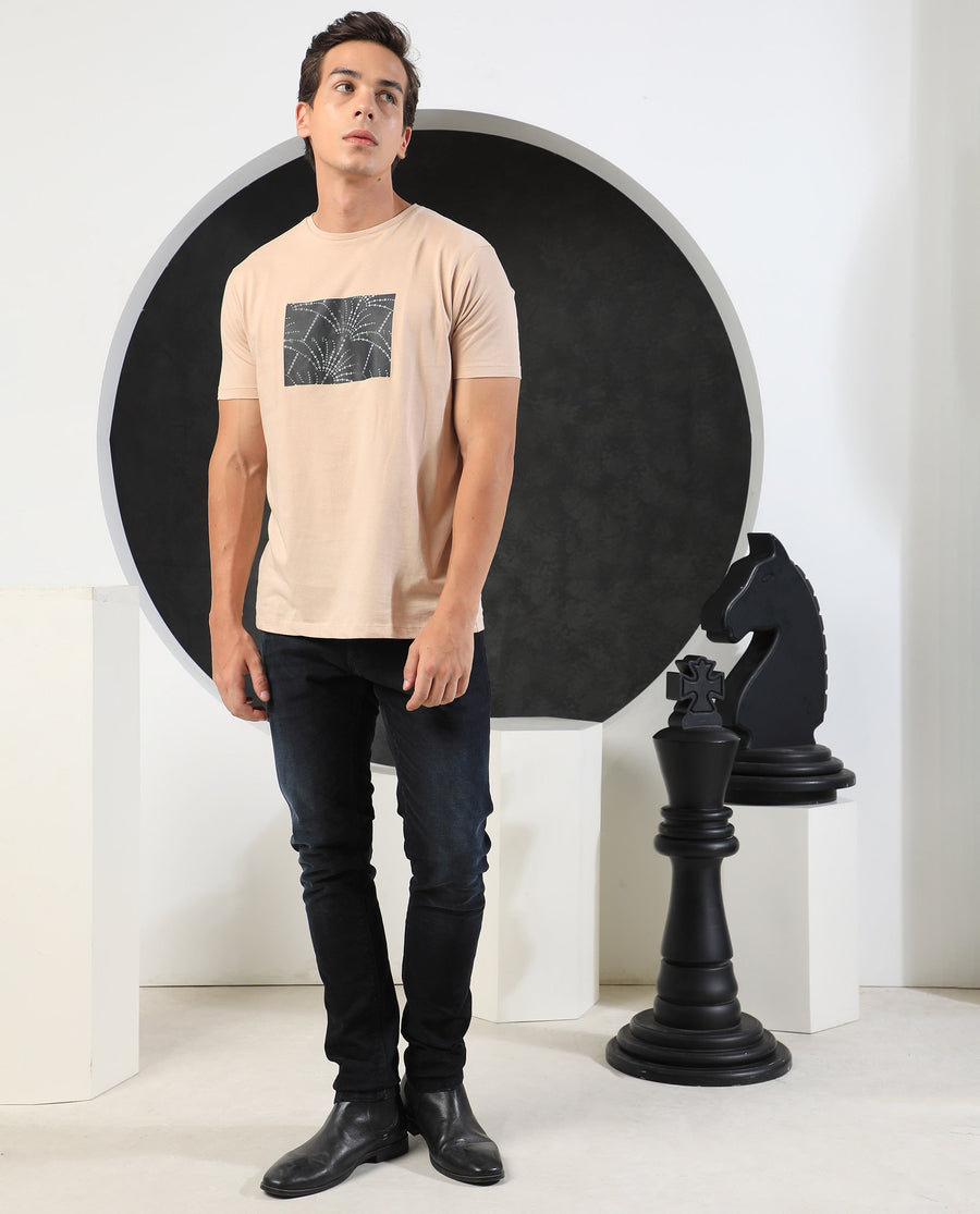 Rare Rabbit Men's Glam Beige Cotton Graphic Print Slim Fit Half Sleeve Crew Neck T-Shirt