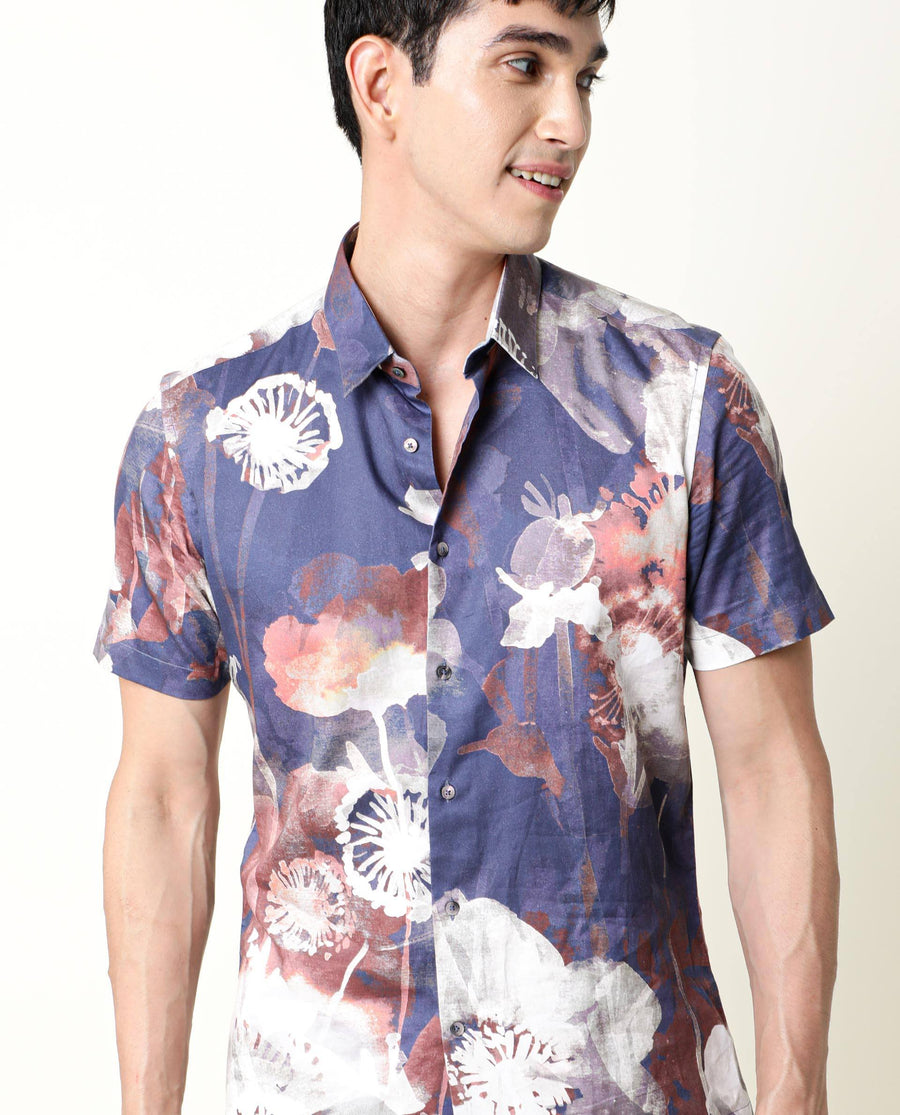 Rare Rabbit Men's Eighty Blue Cotton Floral Print Regular Fit Half Sleeve Collared Shirt