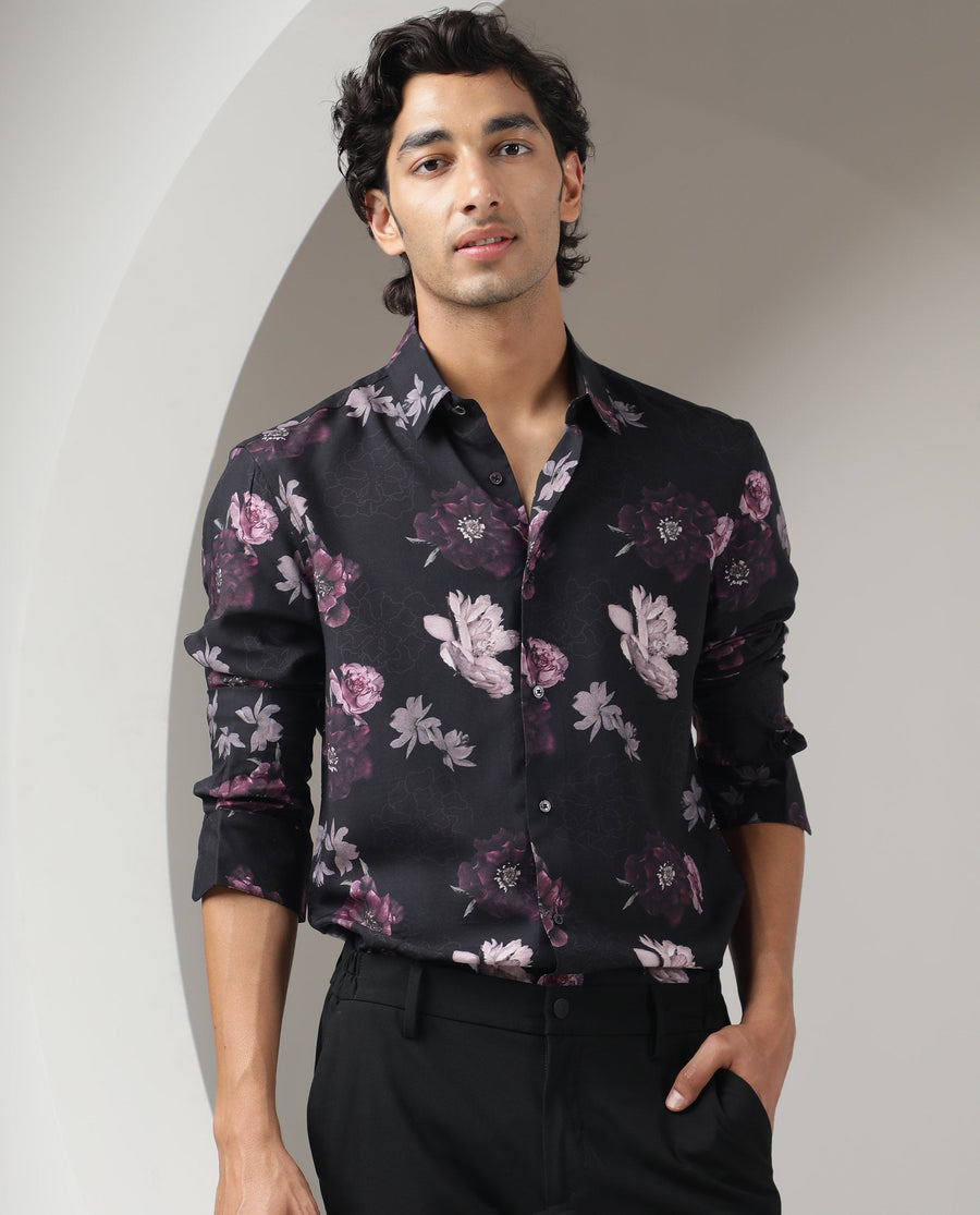 Rare Rabbit Men's Boro Purple Viscose Floral Print Regular Fit Full Sleeve Collared Shirt