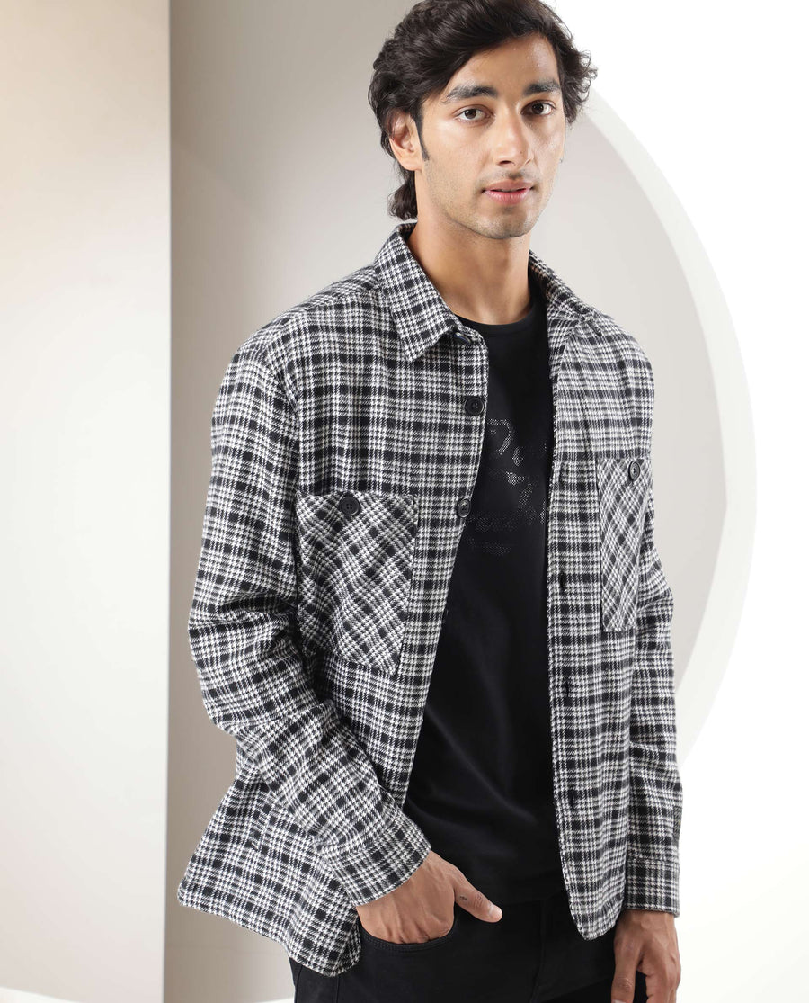 Rare Rabbit Men's Maxon Black Checked Print Regular Fit Full Sleeve Collared Jacket