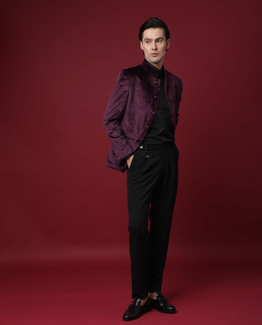 Rare Rabbit Men's Core Maroon Polyester Plain Tailored Fit Full Sleeve Mandarin Collar Bandhgala Jodhpuri