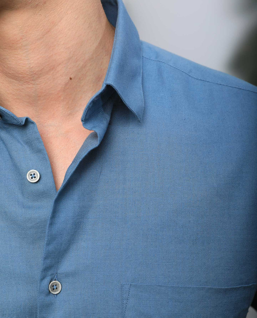 Rare Rabbit Men's Darwin - Blue Cotton Plain Regular Fit Half Sleeve Collared Shirt