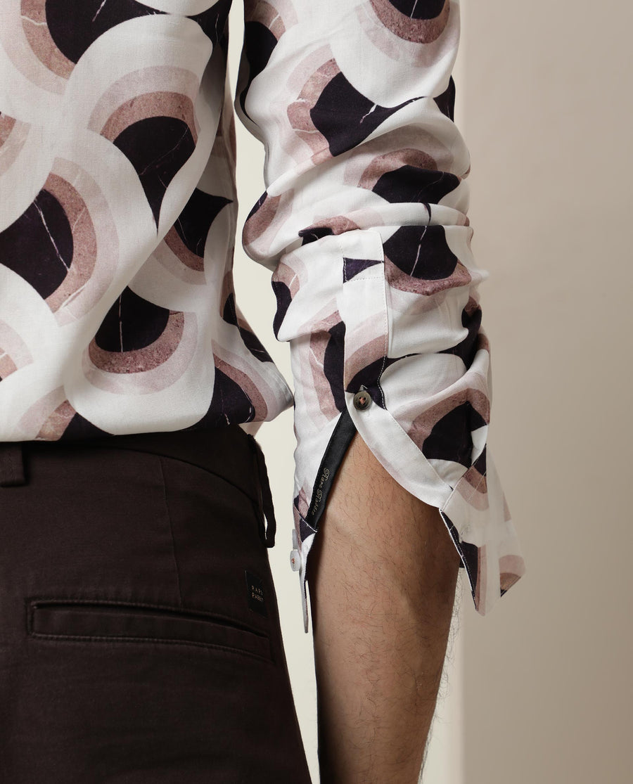 Rare Rabbit Men's Febug Off White Viscose Geometric Print Regular Fit Full Sleeve Collared Shirt