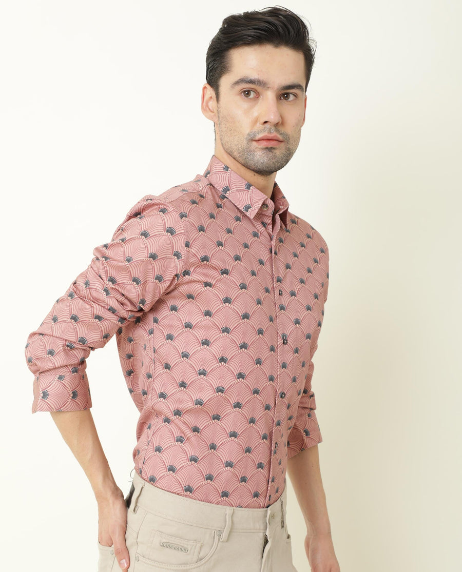 Rare Rabbit Men's Bowy Pink Cotton Geometric Print Regular Fit Full Sleeve Collared Shirt