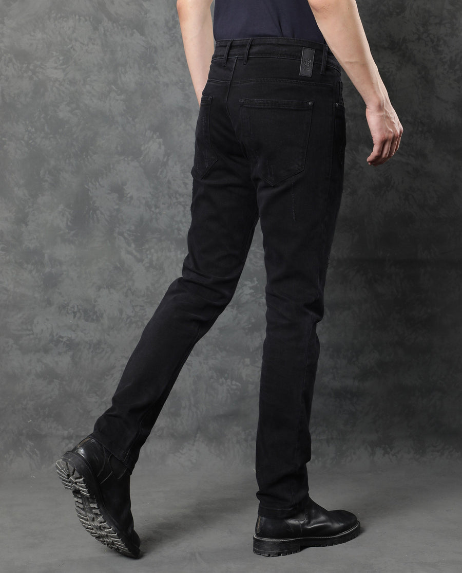 Rare Rabbit Men's Astra Black Cotton Plain Hawk Slim Fit Jeans