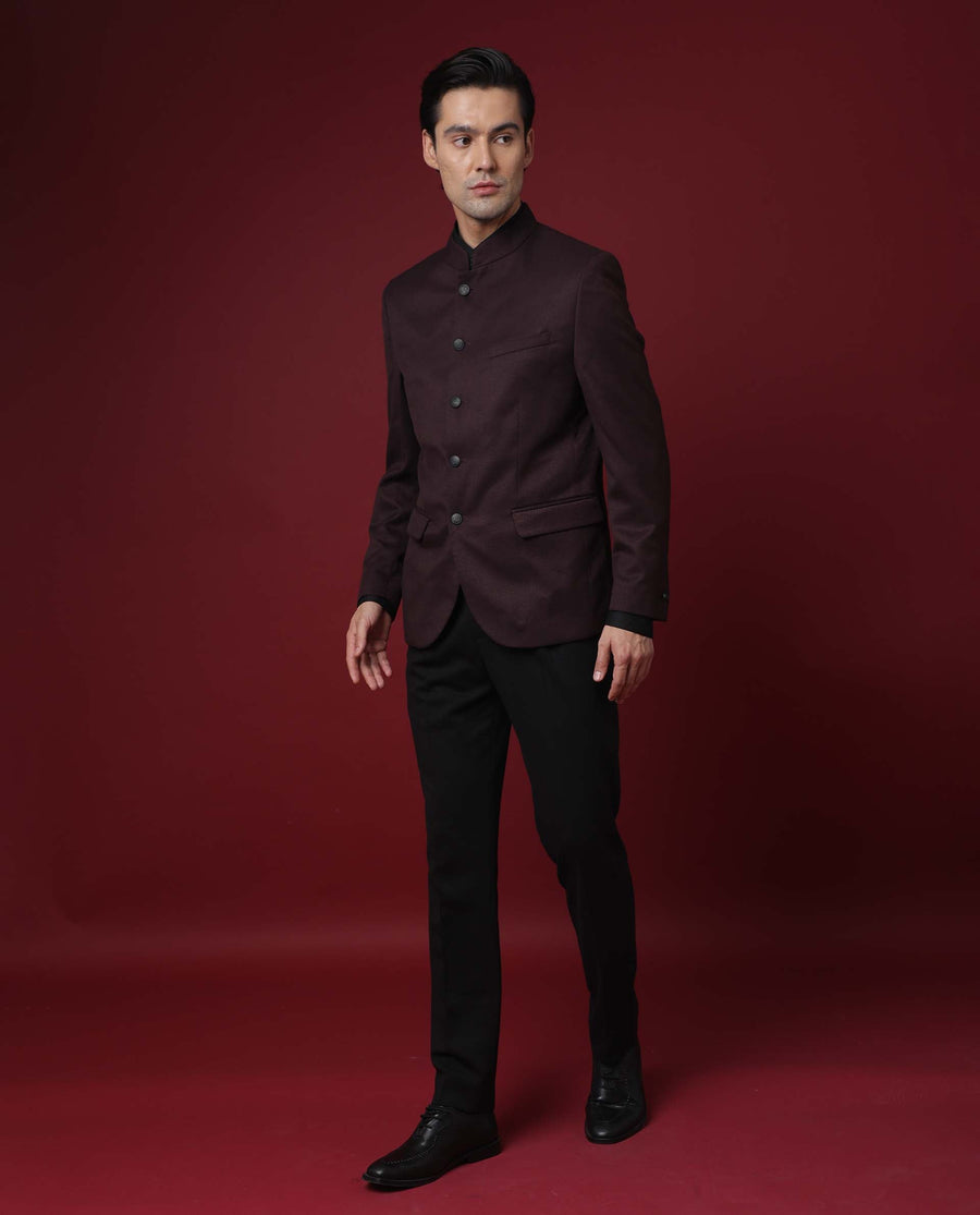 Rare Rabbit Men's Edit Band Maroon Polyester Plain Tailored Fit Full Sleeve Mandarin Collar Bandhgala Jodhpuri