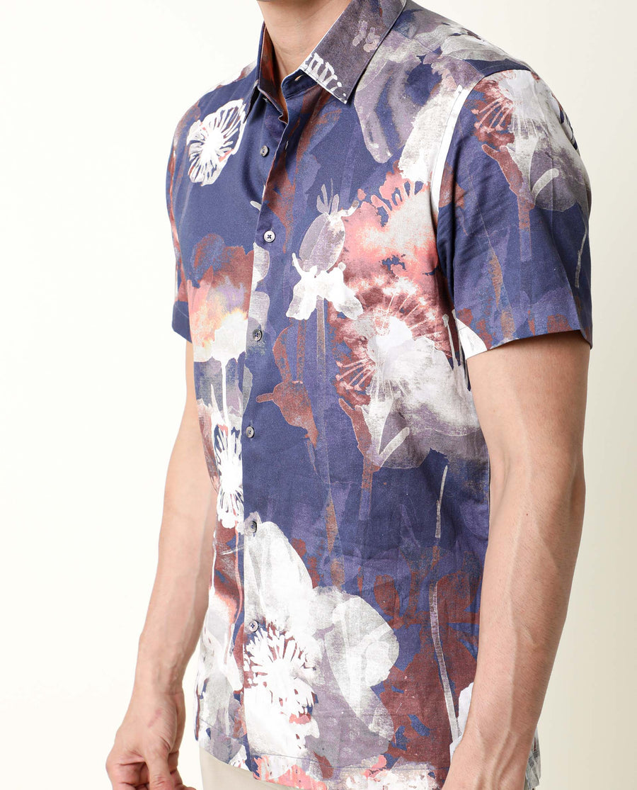 Rare Rabbit Men's Eighty Blue Cotton Floral Print Regular Fit Half Sleeve Collared Shirt