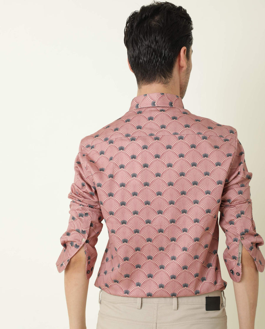 Rare Rabbit Men's Bowy Pink Cotton Geometric Print Regular Fit Full Sleeve Collared Shirt