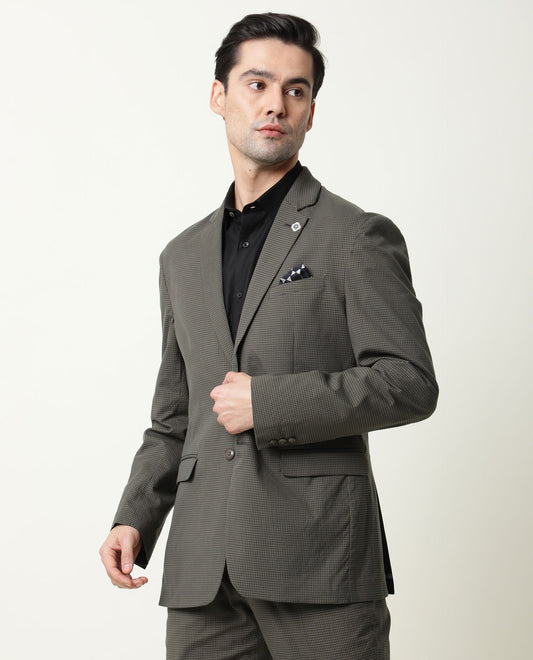 Rare Rabbit Men's Alps Green Cotton Checked Print Tailored Fit Full Sleeve Lapel Neck Blazer