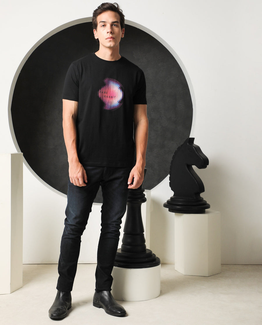 Rare Rabbit Men's Knobel Black Cotton Graphic Print Slim Fit Half Sleeve Crew Neck T-Shirt