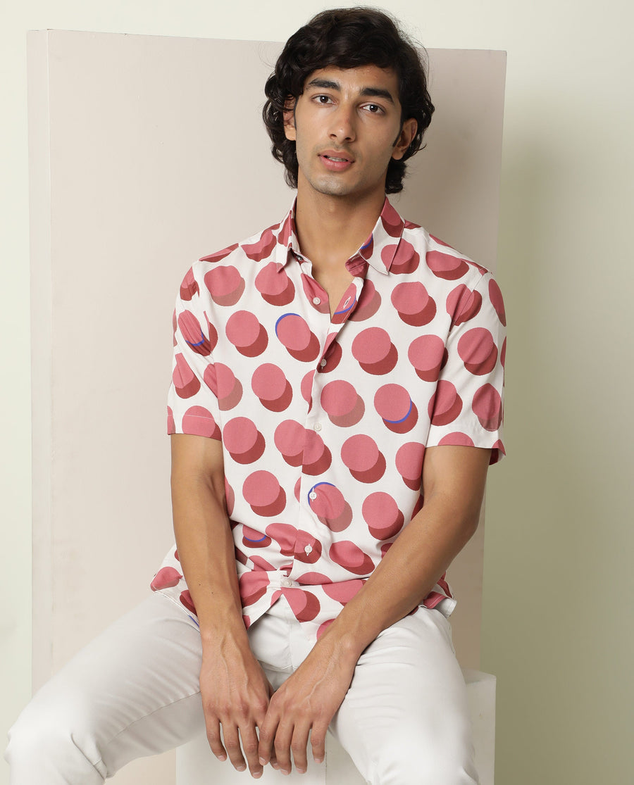 Rare Rabbit Men's Sandet Off White Viscose Polka Print Regular Fit Half Sleeve Collared Shirt