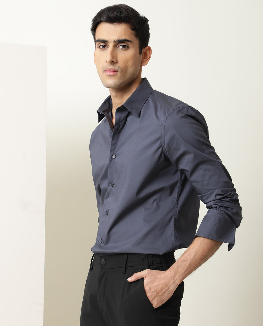 Rare Rabbit Men's Benedict Dark Grey Cotton Plain Regular Fit Full Sleeve Collared Shirt