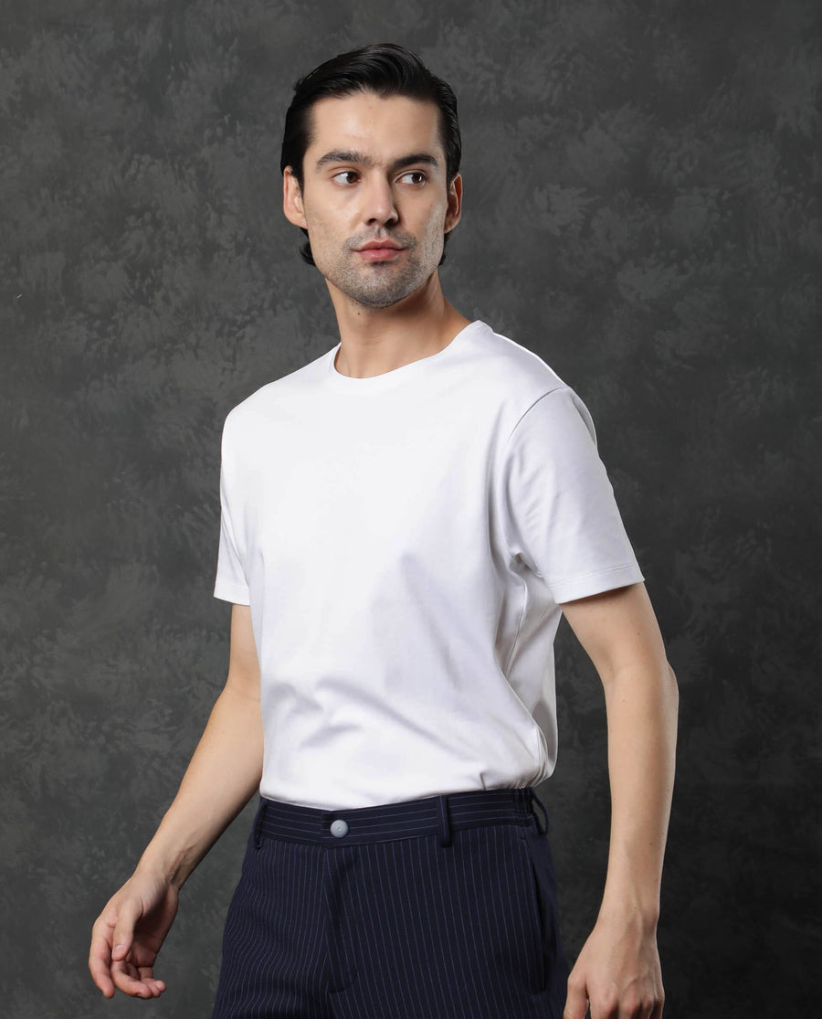 Rare Rabbit Men's Gis White Cotton Plain Slim Fit Half Sleeve Crew Neck T-Shirt