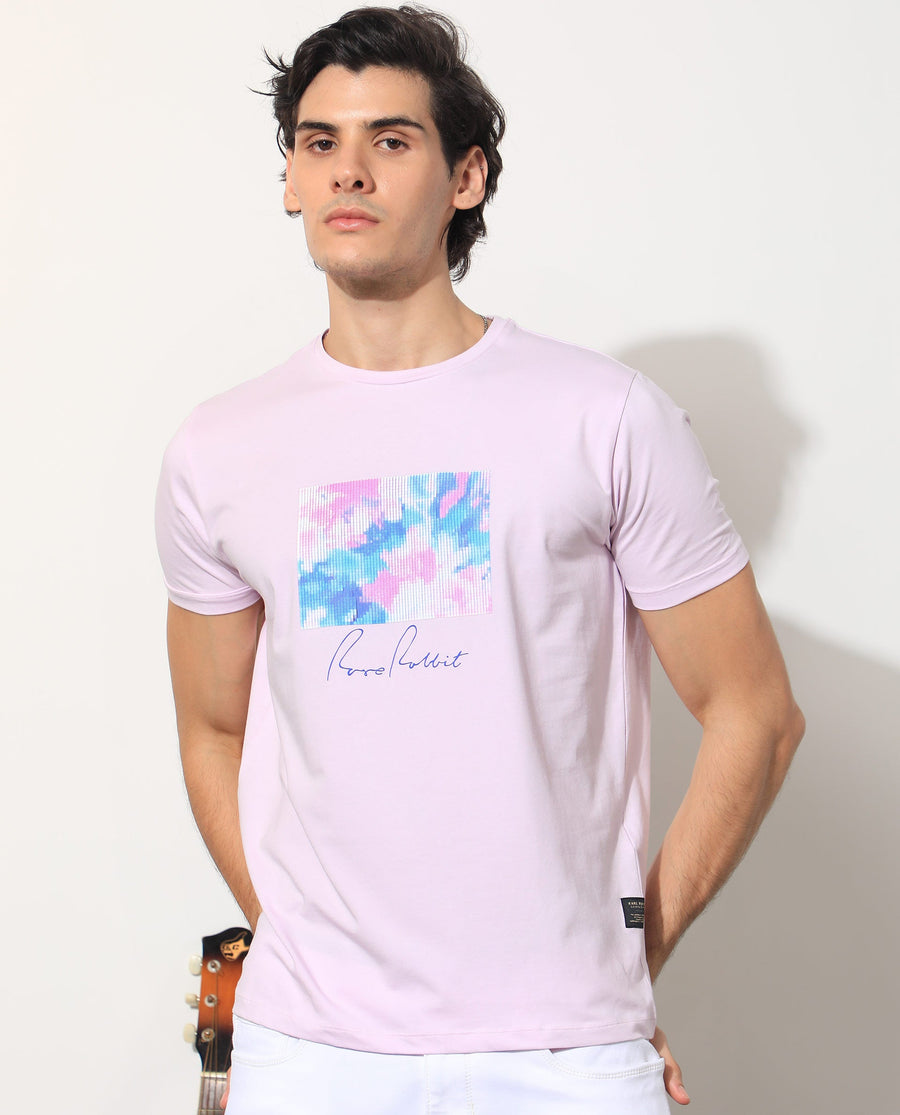 Rare Rabbit Men's Reed Pink Cotton Graphic Print Slim Fit Half Sleeve Crew Neck T-Shirt