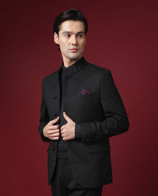 Rare Rabbit Men's Edit Band Black Polyester Plain Tailored Fit Full Sleeve Mandarin Collar Bandhgala Jodhpuri