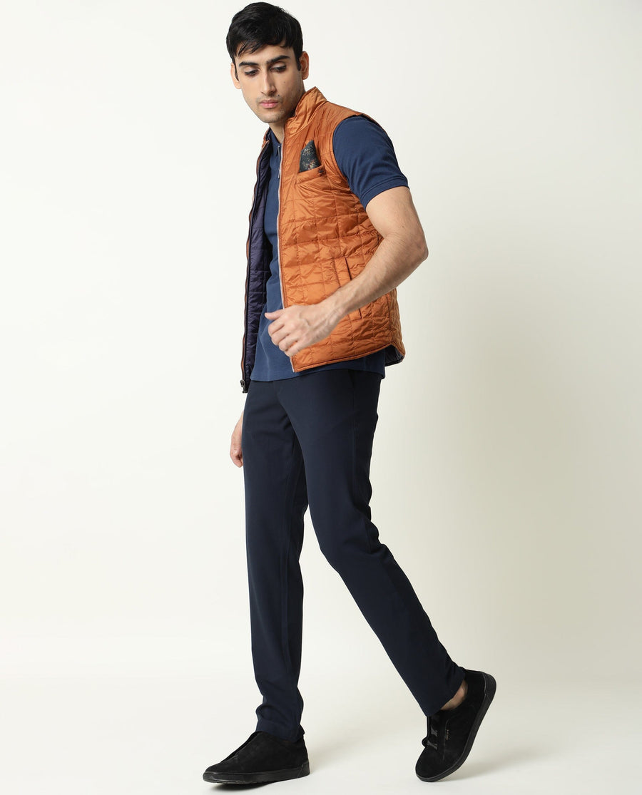Rare Rabbit Men's Fillex Dark Blue Nylon Plain Regular Fit Sleeveless Mandarin Collar Jacket