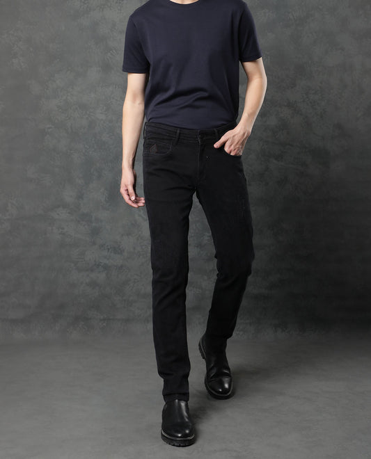 Rare Rabbit Men's Astra Black Cotton Plain Hawk Slim Fit Jeans