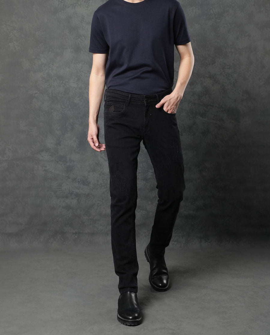 Rare Rabbit Men's Astra Black Cotton Plain Hawk Slim Fit Jeans