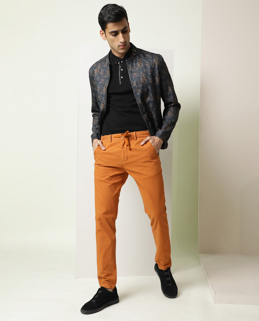 Rare Rabbit Men's Monter Orange Cotton Striped Print Regular Fit Trouser