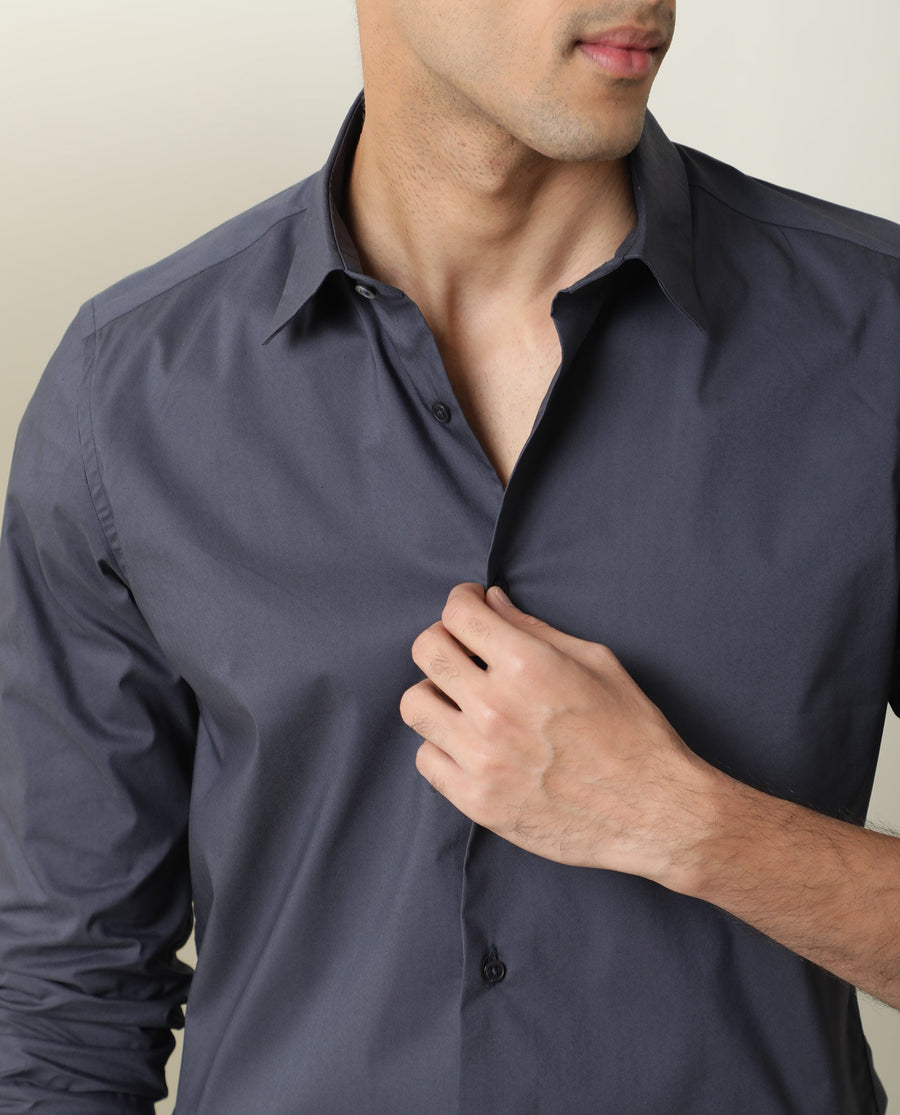 Rare Rabbit Men's Benedict Dark Grey Cotton Plain Regular Fit Full Sleeve Collared Shirt