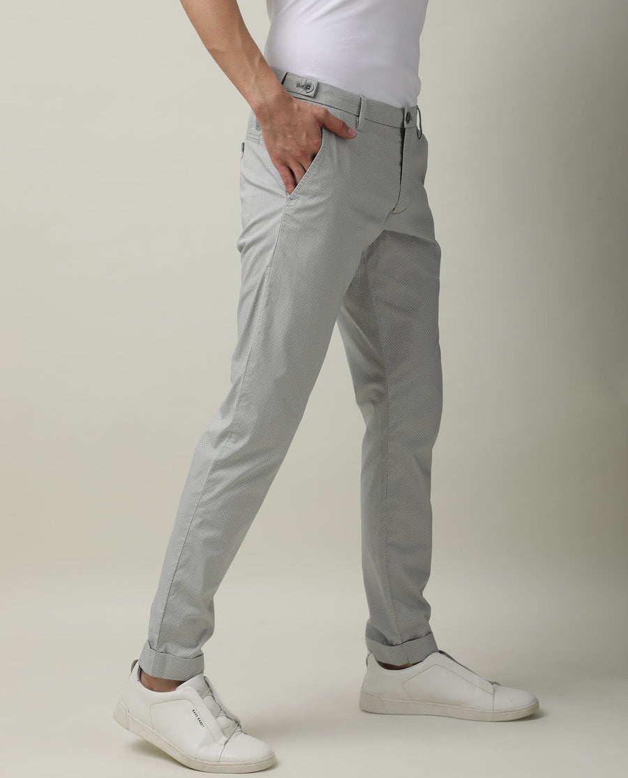 Rare Rabbit Men's Maxim Grey Cotton Polka Print Slim Fit Trouser