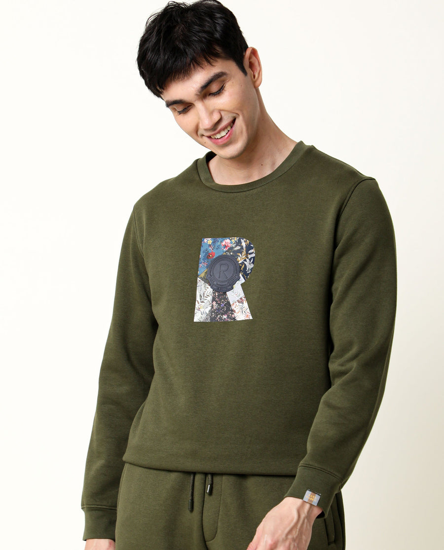 Rare Rabbit Men's Astor Olive Cotton Graphic Print Regular Fit Full Sleeve Crew Neck Sweatshirt