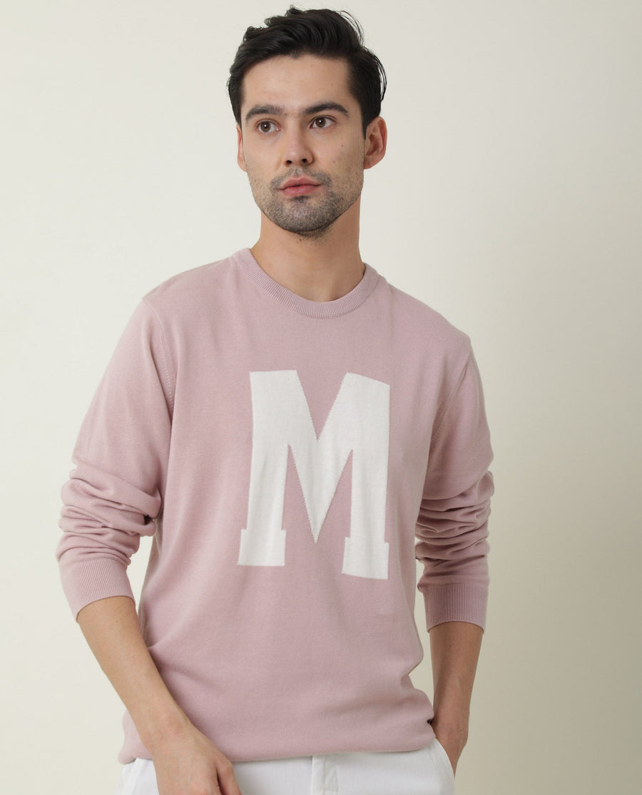 Rare Rabbit Men's Avitt Pink Cotton Jacquard Regular Fit Full Sleeve Crew Neck Sweater