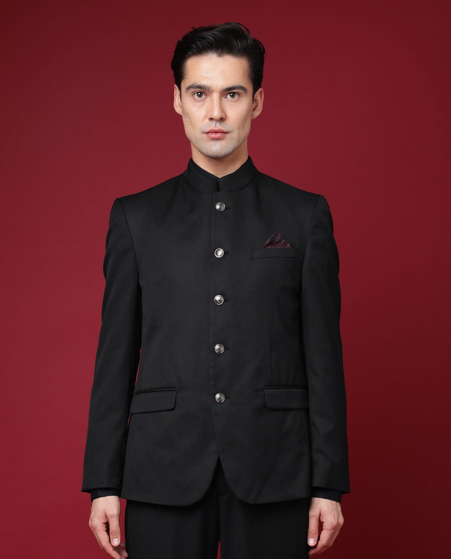 Rare Rabbit Men's Aero Black Polyester Plain Tailored Fit Full Sleeve Mandarin Collar Bandhgala Jodhpuri