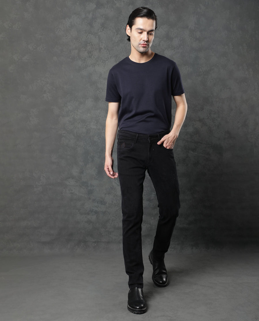 Rare Rabbit Men's Astra Black Cotton Plain Hawk Slim Fit Jeans