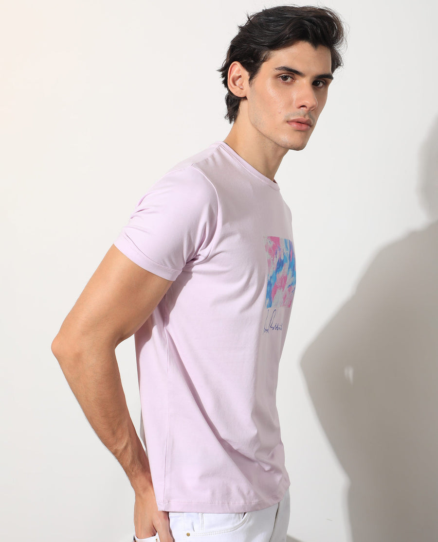 Rare Rabbit Men's Reed Pink Cotton Graphic Print Slim Fit Half Sleeve Crew Neck T-Shirt
