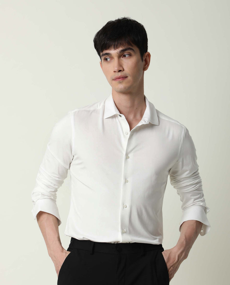 Rare Rabbit Men's Zac White Rayon Plain Tailored Fit Full Sleeve Collared Shirt