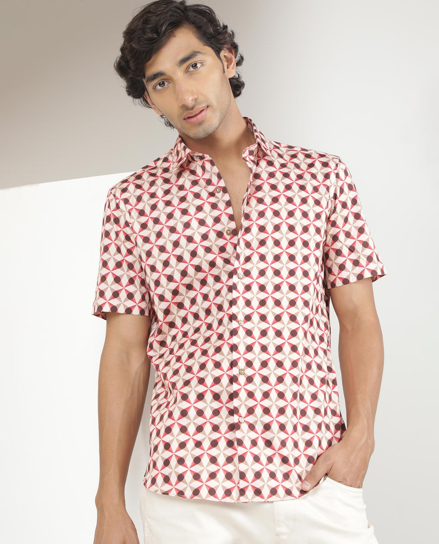Rare Rabbit Men's Stanet Pink Cotton Geometric Print Regular Fit Half Sleeve Collared Shirt