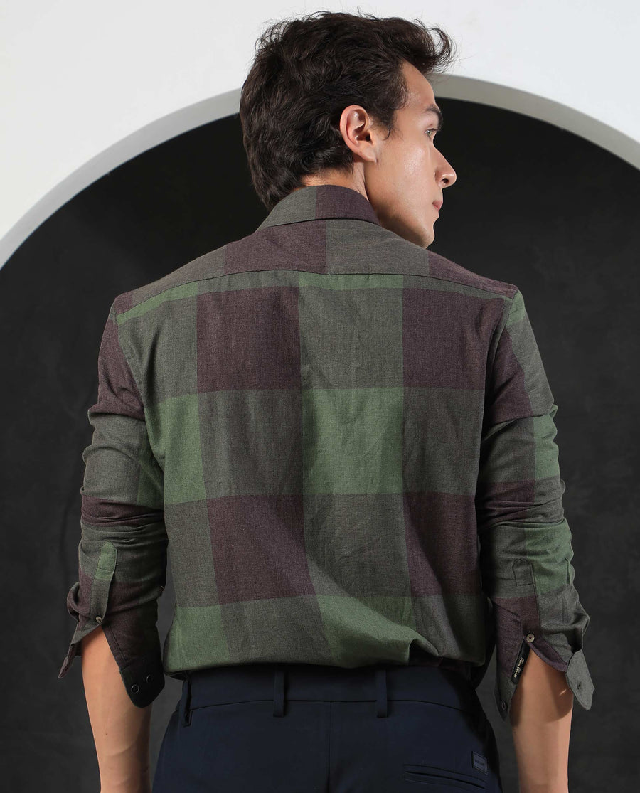 Rare Rabbit Men's Beaver Olive Cotton Checked Print Regular Fit Full Sleeve Collared Shirt