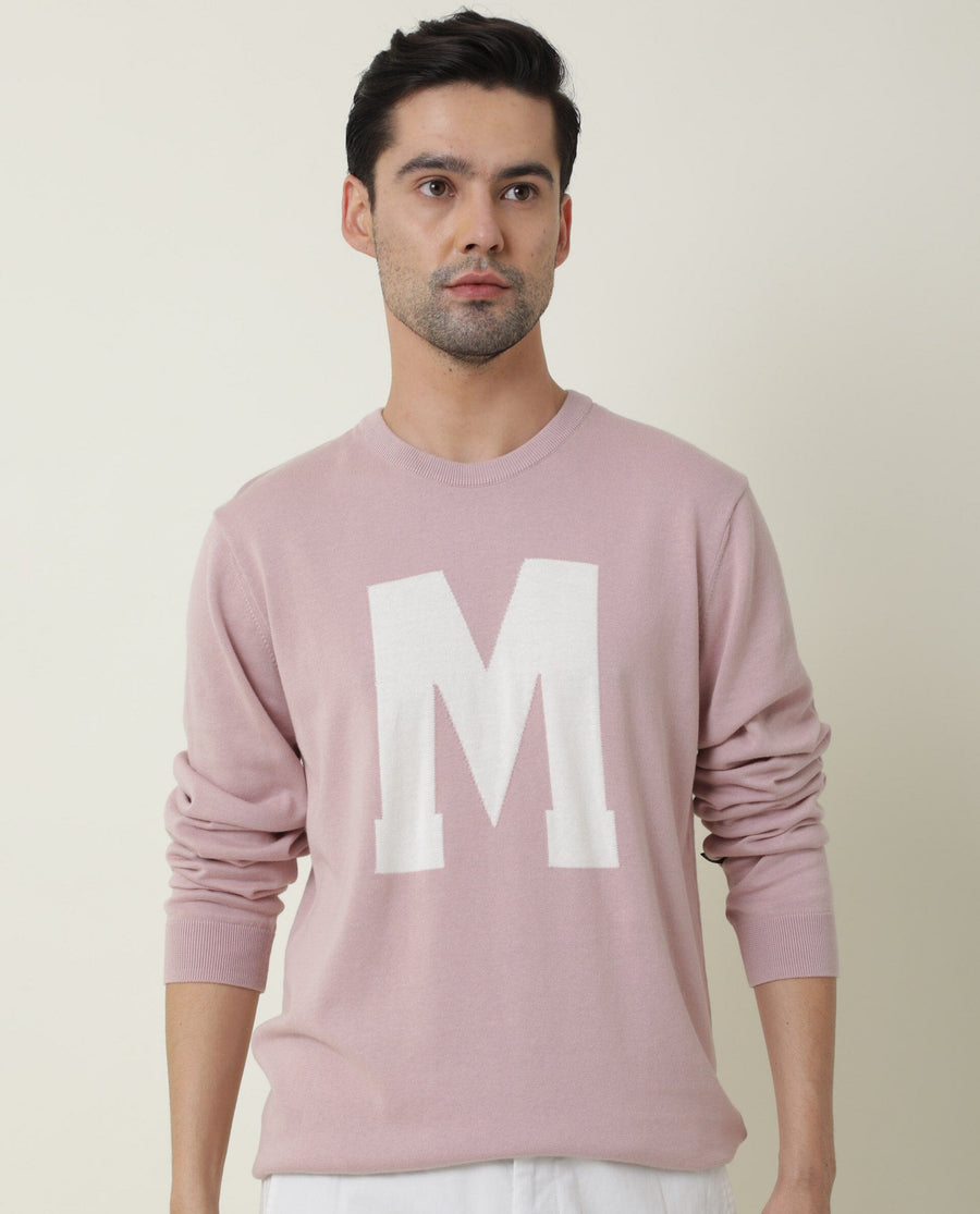 Rare Rabbit Men's Avitt Pink Cotton Jacquard Regular Fit Full Sleeve Crew Neck Sweater