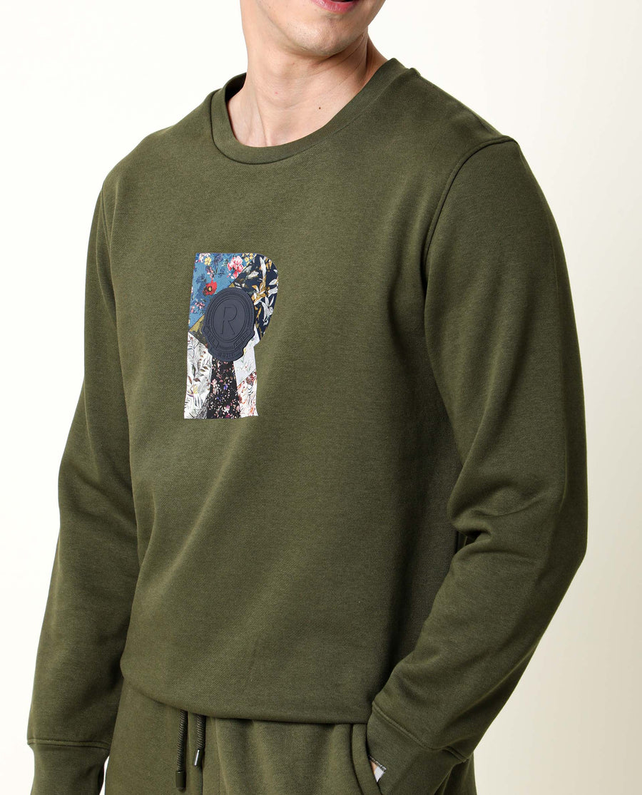Rare Rabbit Men's Astor Olive Cotton Graphic Print Regular Fit Full Sleeve Crew Neck Sweatshirt