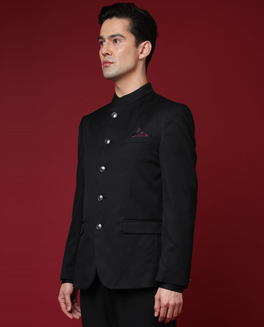 Rare Rabbit Men's Aero Black Polyester Plain Tailored Fit Full Sleeve Mandarin Collar Bandhgala Jodhpuri