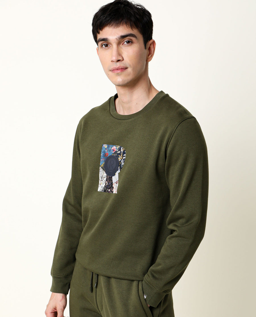 Rare Rabbit Men's Astor Olive Cotton Graphic Print Regular Fit Full Sleeve Crew Neck Sweatshirt